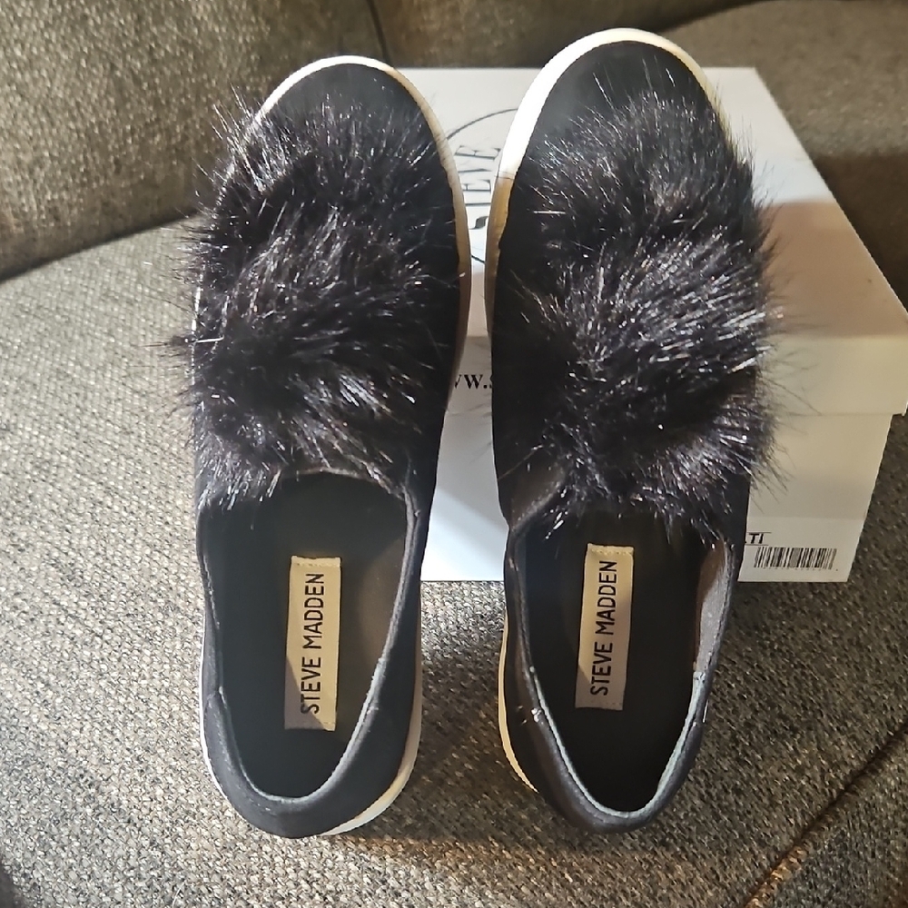 Steve Madden Black Furry Slip-On Sneakers